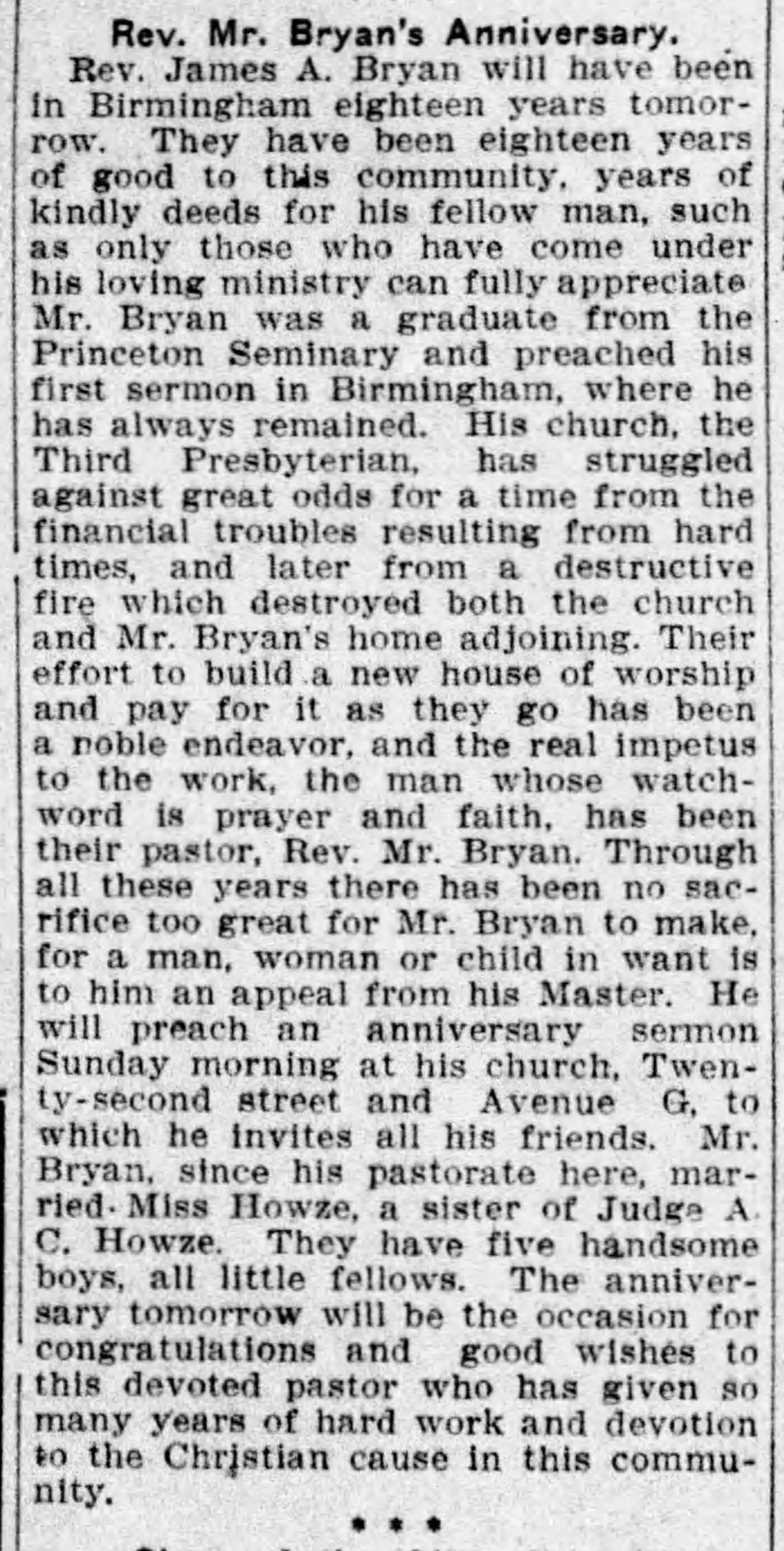 Rev. Mr. Bryan's Anniversary